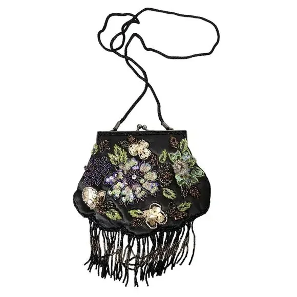 Black Sequin Bead Embellished Evening Bag Crossbody Purse Kiss Clasp 1 Pocket - Picture 1 of 6